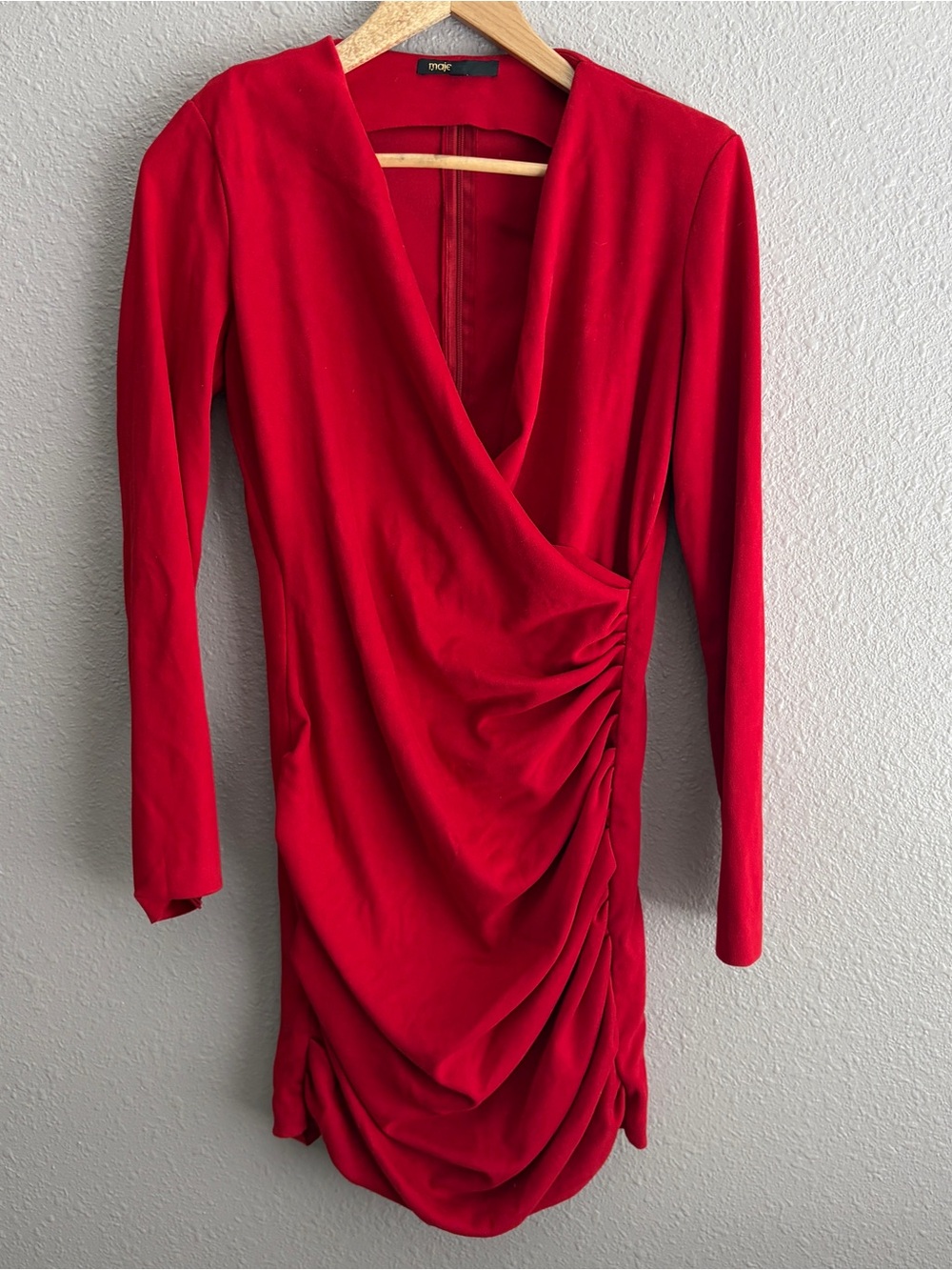 Maje Red Faux Suede Ruched Mini Dress Deep V Neck Long Sleeve Draped 40